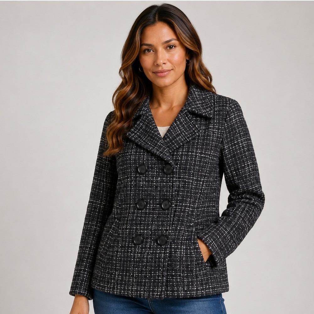 Miss Lili Peacoat Women Large Black White Tweed Plaid Wool Blend Double Breasted